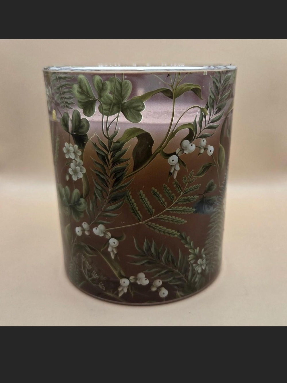Decorative Purple Glass Vase with Green Botanical Motif